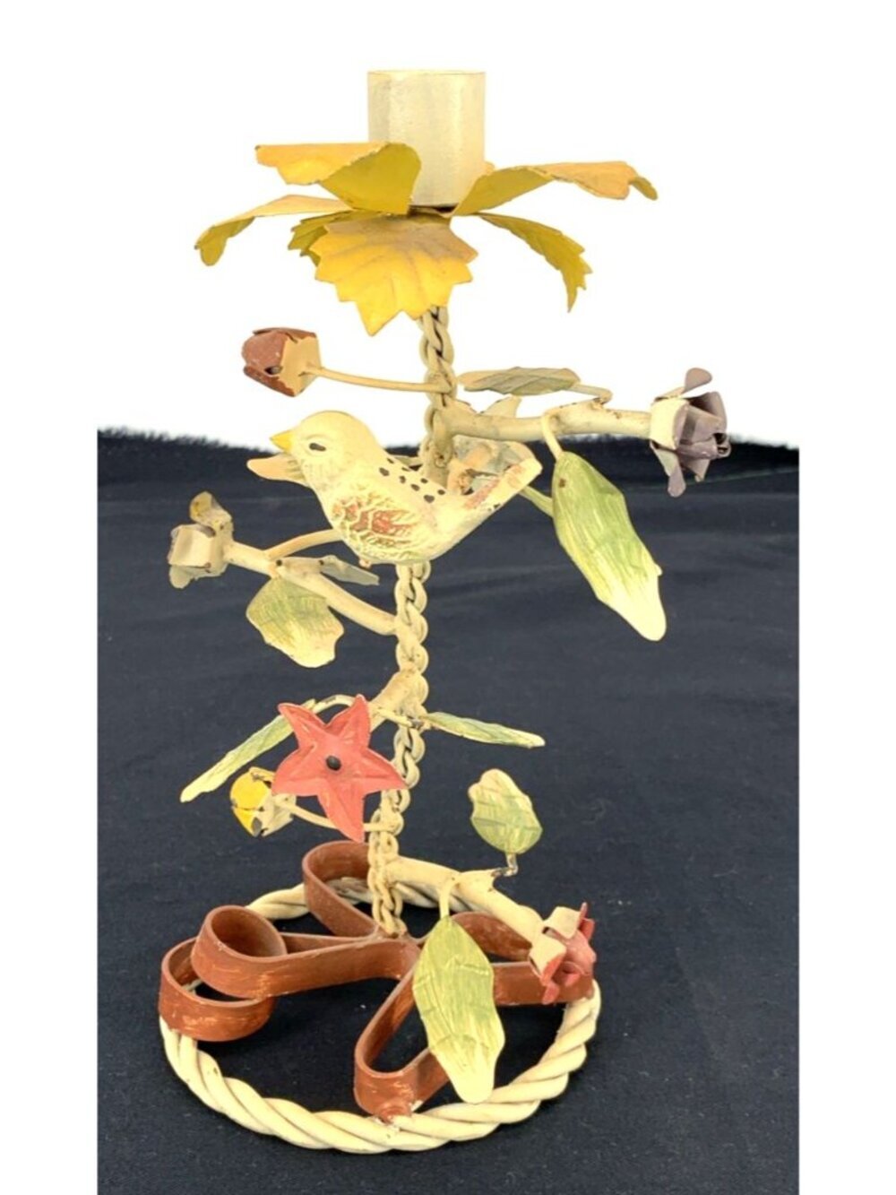 Italian Tole Candle Holder Roses Bird Flowers 9" Tall Hand Painted Metal